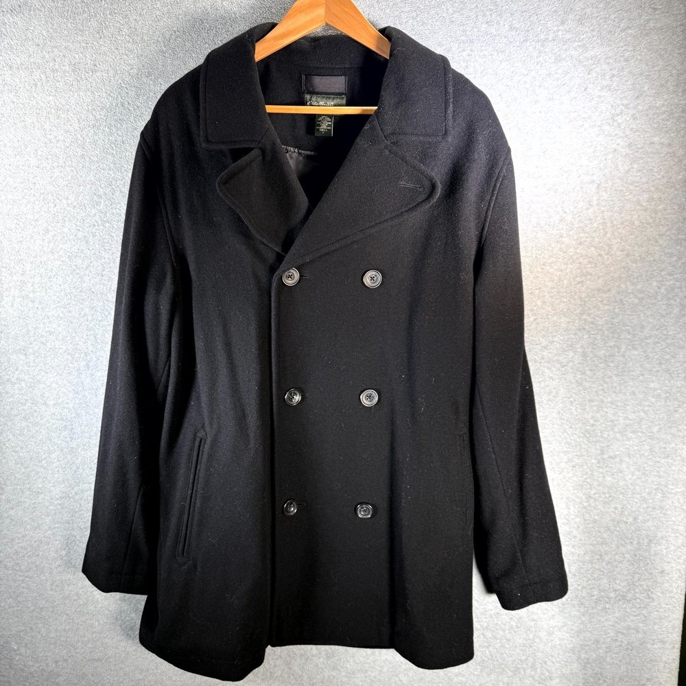 Eddie Bauer Peacoat Men's Large Tall LT Black Wool Double-Breasted Notch Lapel‎